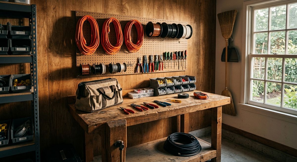 Tidy electrician's workbench with coiled orange extension cords and tools on a pegboard wall