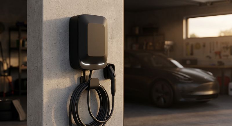Wall-mounted home EV charger with its cable coiled in a garage at dusk, car parked behind