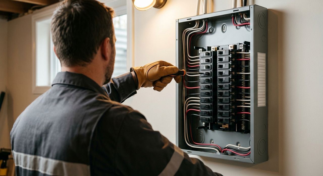 Electrician in work gloves tightening a connection inside an open residential breaker panel in a bright basement